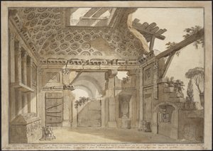 Návrh pro obrazy v cele otce Lesueura v klášteře Santissima Trinita dei Monti v Římě - Charles Louis Clerisseau (1722-1820). Pero, štětec, šedý a hnědý inkoust, bílá barva na papíře, cca 1760. Rozměr : 36,9x53 cm. státní Ermitáž, od Charles Louis Clerisseau