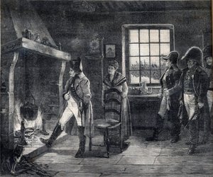 Císař Napoleon I. topící se dřevem ve sněhové krajině - Napoleon po bitvě u Waterloo v roce 1814 - rytina podle obrazu Karla Ludvíka (Charles-Louis) Kratke (1848-1921) od Charles Louis Kratke