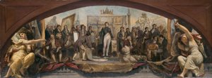Skica pavilonu Denon v Louvru: Les quatre âges artistiques de la France - Présentation des plans à Napoléon, asi 1864 (olej na plátně) od Charles Louis Lucien Muller