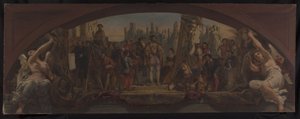 Skica pavilonu Denon v Louvru: Les quatre âges de la vie artistique en France - Prezentace plánů zámku ve Fontainebleau Františku I., kolem roku 1864 (olej na plátně) od Charles Louis Lucien Muller