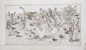 Alice a Červená královna hrají kroket, ilustrace z kapitoly IV „Alenka v říši divů“ (pero a inkoust na papíře)