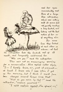 Alenka dostává radu od modré housenky, ilustrace z knihy Alenčina dobrodružství v podzemí, pub. 1886 (faksimile)