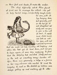 Alenka drží pštrosa, ilustrace z knihy Alenčina dobrodružství v podzemí, nakl. 1886 (faksimile) od Charles Lutwidge Dodgson