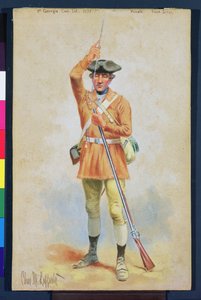 Uniformy americké revoluce: 1777 soukromé polní šaty z 1. georgijské kontinentální pěchoty (kvaš a wc na papíře) od Charles MacKubin Lefferts