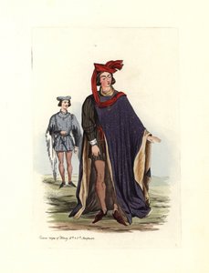 Typický mužský kostým za doby krále Jindřicha IV. a Jindřicha V., ilustrace z ‚Civilních kostýmů Anglie od dobytí po současnost‘ od Charles Martin