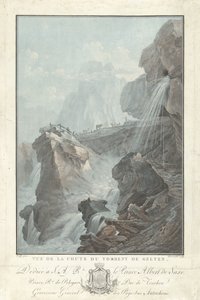 Pohled na vodopád Gelten Pohled na Chute du Torrent de Gelten (název na objektu) Pozoruhodný výhled na hory Švýcarska (název série)