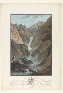 Waterval z řeky Aare Pád Aare nad Gutdannenem (název na objektu) Pozoruhodné výhledy na švýcarské hory (název série) od Charles Melchior Descourtis