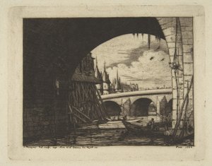 Oblouk, Pont Nôtre-Dame, Paříž, z cyklu „Leptané pohledy na Paříž“ od Charles Meryon