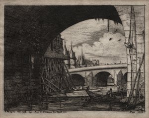 Lepty Paříže: Oblouk mostu Notre Dame od Charles Meryon