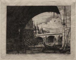 Lepty Paříže: Oblouk mostu Notre Dame od Charles Meryon