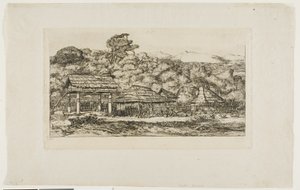 Domorodé stodoly a chatrče v Akaroa, Banksův poloostrov, 1845 od Charles Meryon