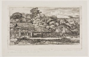 Domorodé stodoly a chatrče v Akaroa, Banksův poloostrov, 1845 od Charles Meryon