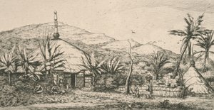 Nová Kaledonie, Nová Kaledonie: velká domorodá chata na chodníku do Poepo, ilustrace z „Etching of the Pacific...“, 1863 od Charles Meryon