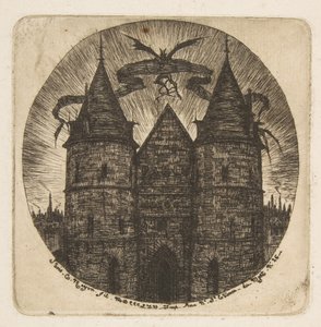 Starý vchod do Palais de Justice v Paříži, titulní list publikace „Etchings of Paris“ od Charles Meryon