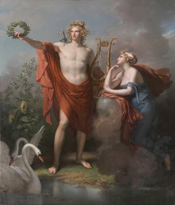 Apollo, bůh světla, výmluvnosti, poezie a výtvarného umění s Uranií, múza astronomie