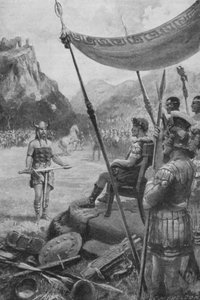 Julius Caesar přijímá podrobení poraženého náčelníka v Galii (litho)