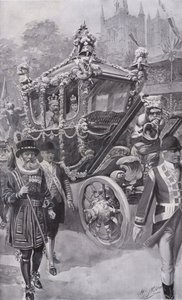 Král Edward VII a královna Alexandra v State Coach vracející se z korunovace ve Westminsterském opatství v Londýně
