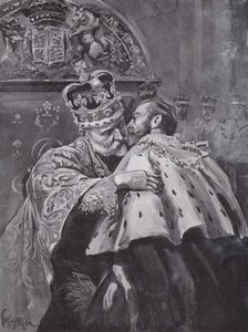 Král Edward VII objímá svého syna, prince z Walesu, na královské korunovaci, Westminster Abbey, Londýn
