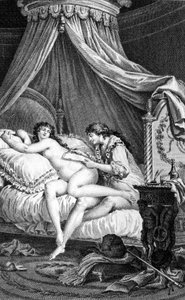 Ilustrace k „Dangerous Liaisons“ od Choderlose de Laclose. Rytina Charlese Monneta (1732 - 1808): Valmont píše dopis na záda Emilie (kurtizána).