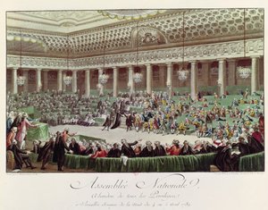 Národní shromáždění se vzdává všech privilegií, 4. srpna 1789, vyryto Helmanem (1743-1809) (barevná rytina) (viz 104584)