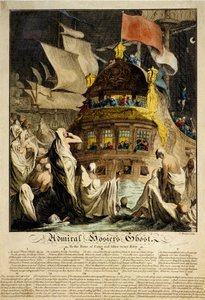 Duch admirála Hosiera, obraz zobrazuje loď obklopenou duchy v rubáších, s opevněním přístavu. od Charles Mosley