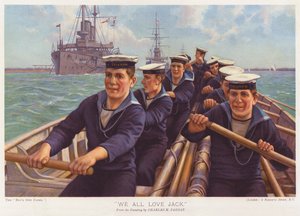 Námořníci z HMS Triumph veslují v přístavu (barevná litografie)