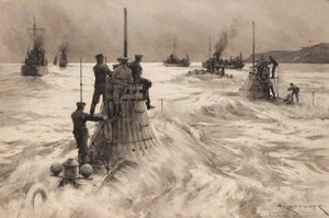 Nové britské ponorky opouštějí Milford Haven (Anglie), aby vyrazily do akce. Kresba a wash (30,4x45,5 cm), Charles M. Padday () , počátek 20. století.