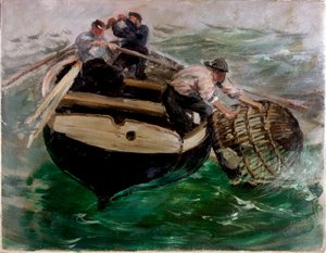 Vytahování v nádobách na humry (olej na papíře) od Charles Napier Hemy