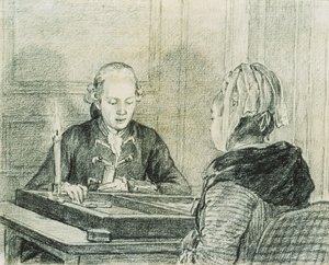 Sedící pár, dáma při pohledu zezadu, hraje Backgammon při svíčkách od Charles Nicolas II Cochin