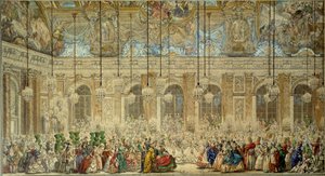 Plesová maska nebo ples Ifů na svatbu Louise Dauphina z Francie (1729-1765) s Marií Therese (Marie-Therese) ze Španělska v Galerii Glace ve Versailles v únoru 1745 Kresba perem a inkoustem Charles Nicolas Cochin le Jeune (1715-1790)