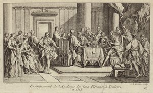 Založení Academie des Jeux Floraux, nejstarší literární společnost v západním světě, Toulouse, Francie od Charles Nicolas II Cochin