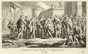 Francouzský král František I. přijímá císaře Karla V. v Aigues-Mortes od Charles Nicolas II Cochin