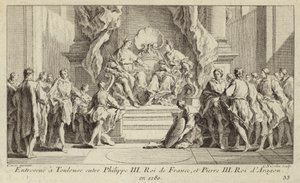 Setkání v Toulouse mezi francouzským králem Filipem III. a aragonským králem Petrem III od Charles Nicolas II Cochin