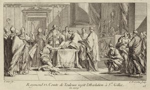 Raymond VI, hrabě z Toulouse, pokořující se v kostele St Gilles, aby byla jeho exkomunikace zrušena