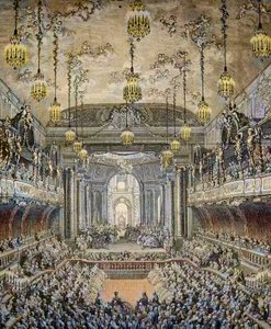 Reprezentace baletní komedie „La Princesse de Navarre““ ve Versailles, u příležitosti sňatku Louise Dauphina z Francie s Marií Therese (Marie-Therese) ze Španělska (1726-1746) ve Versailles dne 23. února od Charles Nicolas II Cochin