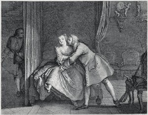 Ilustrace sluchadla a stojánku forem pro Les contes de La Fontaine, cca 1743”. rytina Charles-Nicolas Cochin (1715-1790). od Charles Nicolas II Cochin