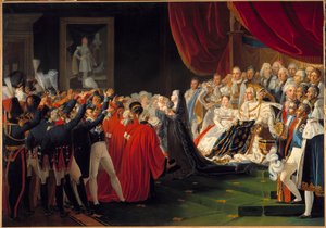 Vévodkyně z Berry představuje svého syna vévodu z Bordeaux lidu a armádě: Marie Caroline de Bourbon Sicily, vévodkyně z Berry, představuje svého syna vévodu z Bordeaux lidu a armádě za přítomnosti krále Ludvíka XVIII. obklopuje od Charles Nicolas Raphael Lafond