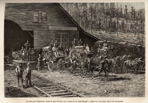 Stanice Reno, pro označení Virginia City (Nevada), na Central Pacific Railway (Central Pacific), vyryto podle kresby O. de Penne, ilustrující cestu z Washingtonu do San Francisca v roce 1868 od L. Simonin, publikované v „Le t