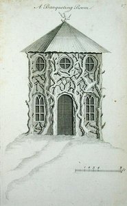 Banketní místnost, z „Ornamentální architektury v gotickém, čínském a moderním vkusu“, vydáno 1758 (rytina) od Charles Over