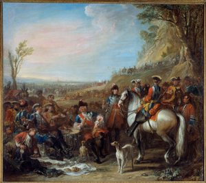 Zastavení granátníků na koních z královského domu (1734). Uprostřed monsieur de Creil, velitel. Obraz Charlese Parrocela (1688 - 1752)