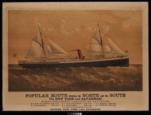 Oblíbená trasa mezi Severem a Jihem přes New York a Savannah, Ocean Steamship Company of Savannah... City of Augusta... (litografie, kolorovaná) od Charles Parsons