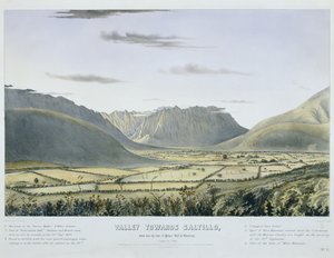 Údolí směrem k Saltillo, z blízkosti základny "Palace Hill" v Monterey. [Při pohledu na S. Západ.]... [Ne. 3.] [se zadním vozem a vagonovým vlakem americké armády vjíždějícím do Hradu po jeho kapitulaci].