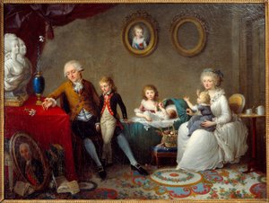 Rodina Jeana Pierra Dourceta Rodina royalistické šlechty v době revoluce. Na stůl a busty krále a královny je položen květ lilie. Obraz Charlese Landona (1760-1826) Grenoble Musee des Beaux Arts z 19. století