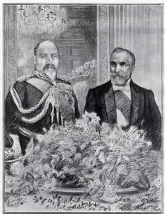 Cordial: návštěva francouzského prezidenta Emila Loubeta v Londýně - banket na francouzském velvyslanectví - King Edward VII a Loubet - nakreslil Paul Renouard pro noviny The Graphic. července 1903. od Charles Paul Renouard