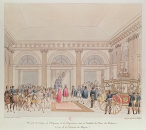 Sestup císaře a císařovny z kočáru pod vestibulem paláce Tuileries v den jejich sňatku (barevná rytina)