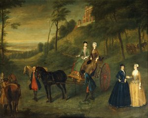 Ladies and Maids of Honor v Greenwich Park: Skupinový portrét Juliany, vévodkyně z Leedsu, lady Charlotte Hamiltonové, lady Isabelly Tuftonové a Henrietty, hraběnky z Pomfret, všichni nosí jezdecké návyky, se ženichem a koňmi před observatoří, 173