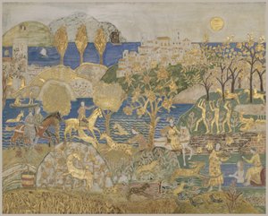Hill Town, kolem roku 1928 (tempera, grafit a plátek zlata na vyřezávaném panelu s gesso)