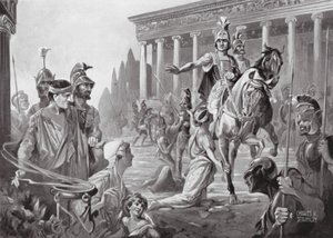 Alexandr při plenění Théb, 335 př. n. l. (litografie) od Charles Rebel Stanton