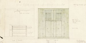 Návrh šatní skříně, zobrazen v nárysu přední části a interiéru, kolem 1899-1900 (tužka, akvarel) od Charles Rennie Mackintosh