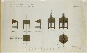 Návrhy psacích stolů zobrazené v předních a bočních pohledech pro čajovny Ingram Street, 1909 od Charles Rennie Mackintosh